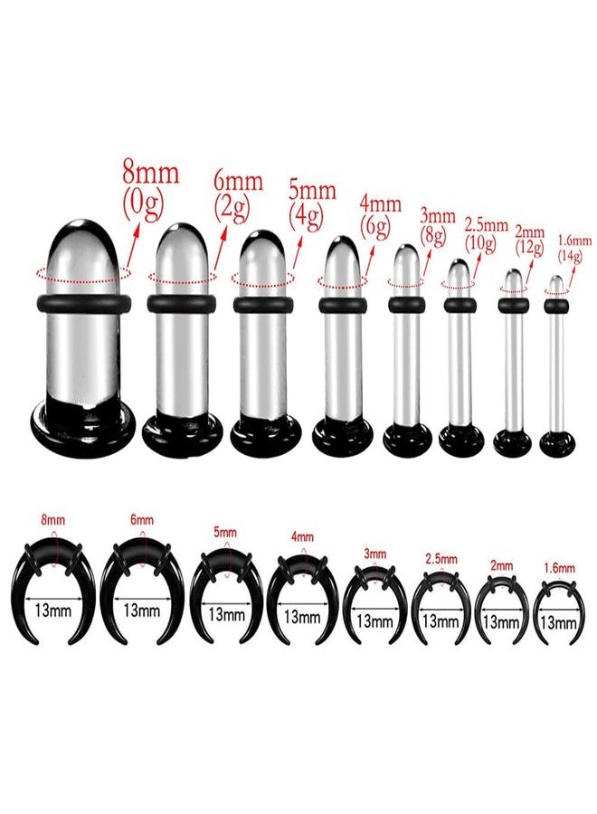 Earblity Single Flare Glass Stretching kits 1PC C-shape septum rings+1Pair Glass Gauges Taper Expander with Rubber O-Rings,1.6-8mm(14G-0G) Full Size Ear Tunnels Plugs, Cylindrical Body Piercing - Image 2